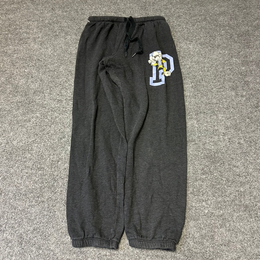 Pink Sweatpants Womens Size M Charcoal Gray Floral Logo Joggers Cuffed Waist